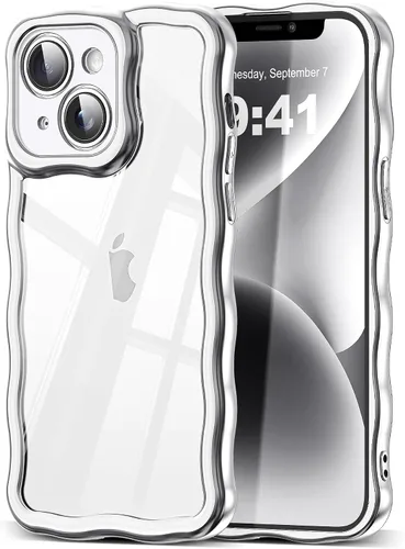 Vista 9 de SKYLMW Funda compatible con iPhone 12 Pro, diseño de ondas rizadas kawaii, borde chapado de lujo, elegante parte trasera transparente brillante, TPU