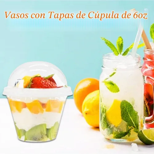 Vista 5 de Szsrcywd 50 Piezas Vasos de Plástico Transparente de 6 oz con Tapas de Cúpula, Vaso de Parfait Transparente, Vasos de Postre Desechables para Fruta
