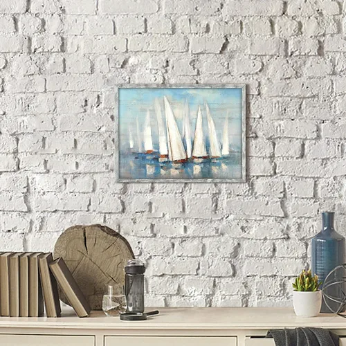Vista 5 de Pintura enmarcada de paisaje marino: arte abstracto del océano, imagen costera, impresiones de veleros en madera en estilo moderno para decoración