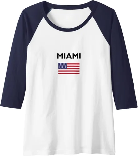 Vista 4 de Miami Florida USA American Flag Light-Color Raglan Baseball Tee