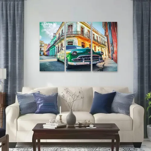 Vista 2 de 3 paneles de lienzo para pared, póster vintage con temporizador antiguo, conducción de coches, La Habana Vieja Cuba, impresión en lienzo, obras