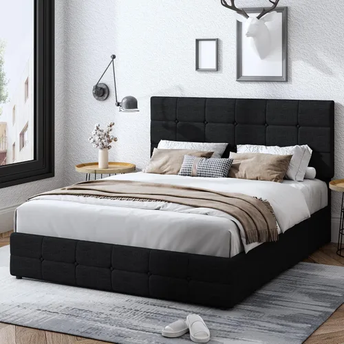 Vista 7 de Moderna base de cama tapizada con 4 cajones de almacenamiento, cama de plataforma con cabecera capitonada con botones ajustables, soporte de Negro