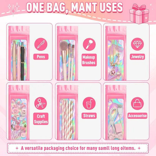 Vista 3 de ANZNKU Paquete de 300 bolsas multicolor para bolígrafos, bolsas holográficas de Mylar con ventana transparente, bolsas de embalaje a prueba