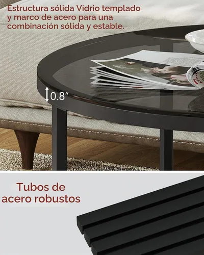 Vista 7 de Yusong Mesas de centro redondas de vidrio para sala de estar, mesa auxiliar circular de 2 niveles con almacenamiento, mesa central moderna de 26