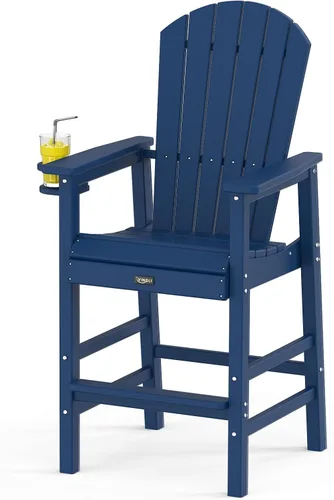 Vista 12 de VINGLI Silla Adirondack alta, silla Adirondack de plástico para todo tipo de clima con portavasos, taburetes de bar resistentes para exteriores