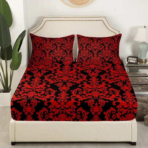 Vista 3 de Erosebridal Juego de sábanas de damasco con diseño floral, tamaño individual, gótico, rojo y negro, juego de sábanas de flores barrocas victorianas