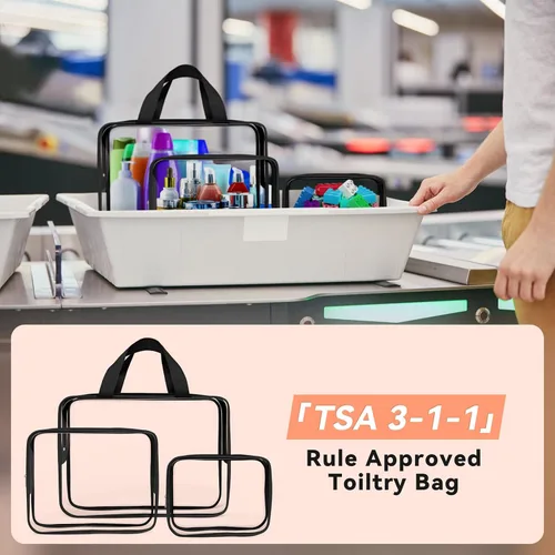 Vista 5 de TISRATOK Neceser de maquillaje transparente de viaje de 10 piezas, plástico PVC cosmético aprobado por la TSA Kit organizador con bolso con Negro