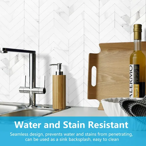 Vista 3 de STICKGOO 1 hoja de azulejos de espiga para despegar y pegar, PVC de mármol blanco para salpicaderos, azulejos de pared autoadhesivos para cocina