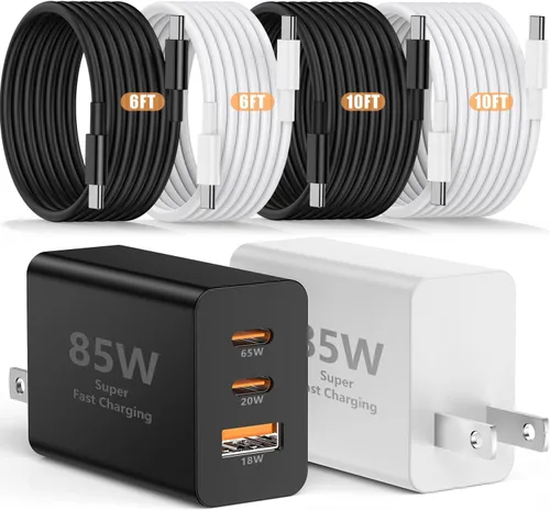 Vista 21 de Susnwere - Cargador de pared USB C de 85 W para Samsung S26 Ultra, 3 puertos de 100 W PD rápida 3.0 tipo C carga con cable USB C de 3/6/10/10 pies