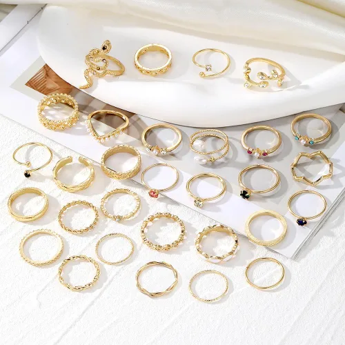 Vista 7 de KISS WIFE Juego de anillos dorados, plateados y negros para nudillos, para mujeres, delicados, simples, modernos, apilables, perfectos para apilar