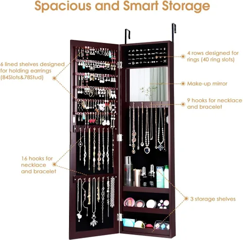 Vista 3 de Giantex Armario de joyería montado en la puerta con espejo de longitud completa organizador de joyas con espejo de maquillaje ranuras