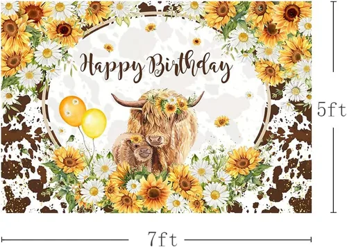 Vista 3 de MEHOFOND Fondo floral de cumpleaños de vacas de las tierras altas de 7 x 5 pies, ganado marrón, decoración de fiesta de feliz cumpleaños, girasoles