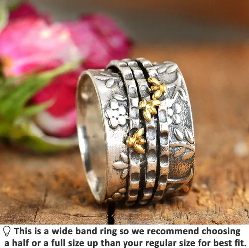 Vista 2 de Boho-Magic Anillo giratorio de abeja para mujer, plata de ley 925 y latón con flores