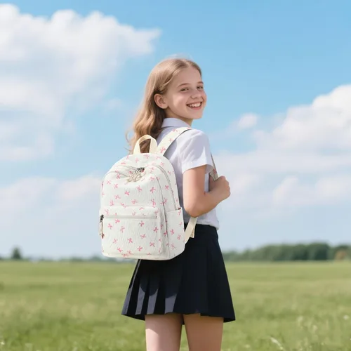Vista 4 de LEDAOU Mini mochila para niñas, bonita mochila pequeña para mujeres, adolescentes, niños, escuela, viajes, bolso de hombro, Lazo rosado, Pequeño