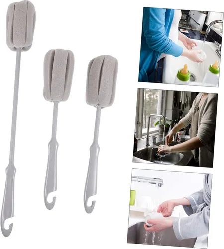 Vista 9 de Kit de cepillo para botellas de espuma, paquete de 3 cepillos de tubo para limpiar botellas de leche, limpiador de jabón, mango largo para bebé