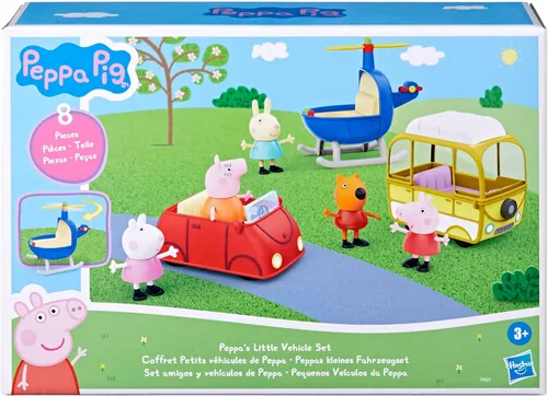 Vista 2 de Peppa Pig Peppa's Little Vehicle Playset para niñas y niños, incluye helicóptero, cámper y automóvil, y juego de 5 figuras, juguetes preescolares, a