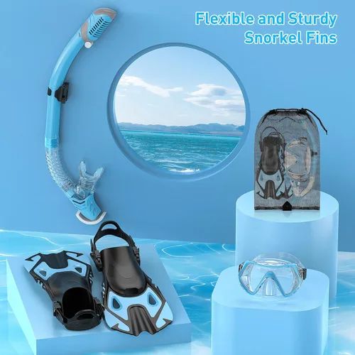 Vista 6 de Snorkeling Gear Set for Adults – Dry Top Snorkel Set, Panoramic Anti-Fog Mask, Adjustable Swim Fins – Travel Diving Kit with Storage Bag