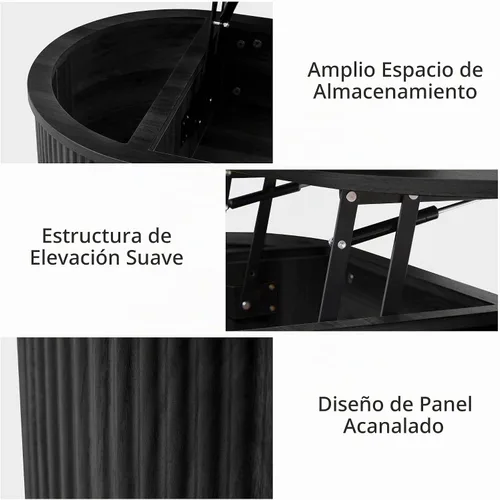 Vista 4 de QHITTY Mesa de Centro de Café Acanalada con Tapa Elevable, Mesa de Centro de Café Ovalada de Madera con Tapa Elevable y Compartimento Oculto, Mesas
