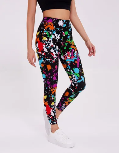 Vista 2 de sissycos - Leggings elásticos y suaves para mujer, con estampado salpicado artístico de neón y estilo de los años 80