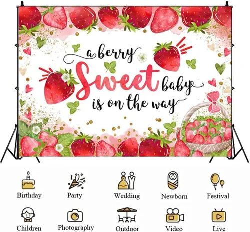 Vista 4 de Fondo de pantalla rosa de fresa para baby shower, fruta fresca y puntos dorados, papel tapiz fotográfico para niña, baby shower, decoración