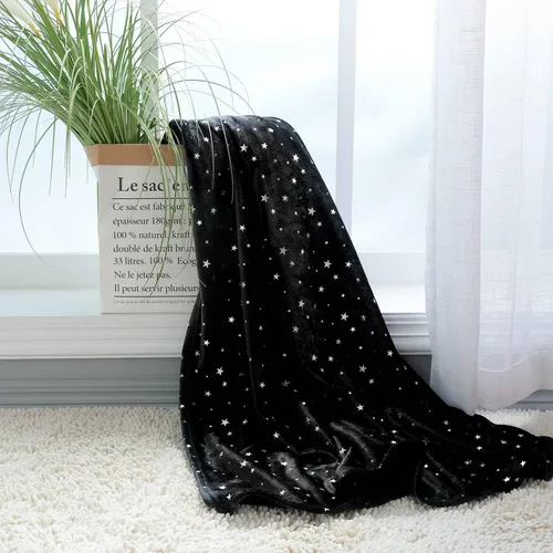 Vista 6 de NANPIPER Manta de forro polar con estampado de estrellas, manta mullida de franela súper suave, 50 x 65 pulgadas, color negro