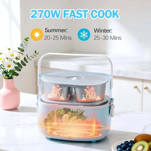 Vista 2 de Electric Cooking Lunch Box, 270W Portable Food Warmer 33.8 Oz, 304 Stainless Steel Inner Double-layer Design, Cool-touch Handle, One-key Start