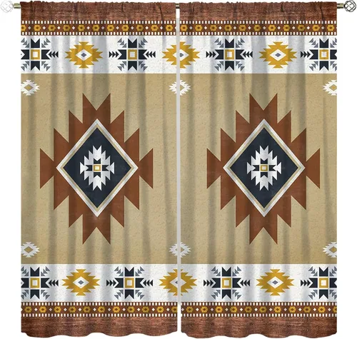 Vista 10 de YCness Cortinas aztecas para dormitorio, decoración geométrica étnica del suroeste para sala de estar, diseño tribal bohemio de elefante nativo