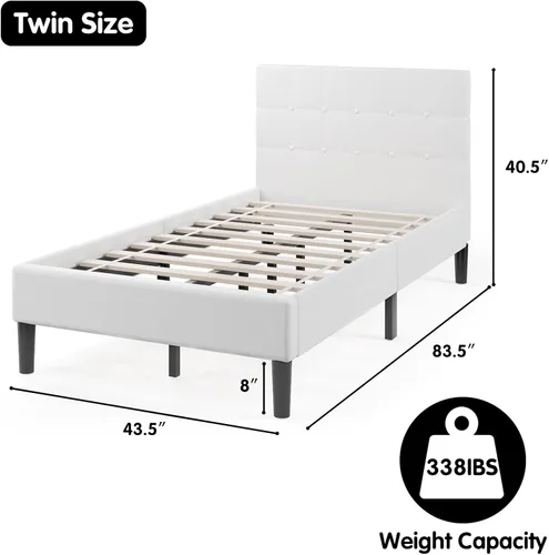 Vista 2 de Giantex Base de cama tapizada tamaño individual, cama de plataforma con cabecera capitoné con botones, base de colchón de soporte de listones