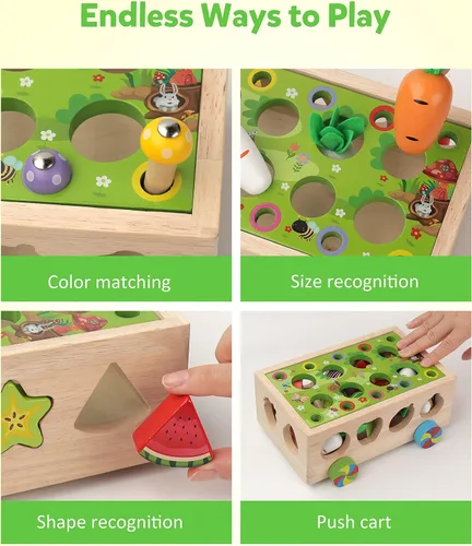 Vista 2 de Coogam Montessori - Juguetes de motricidad fina para bebé pequeño, clasificador de formas de madera, juego de cosecha de zanahorias para relleno