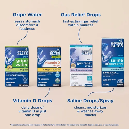 Vista 3 de Mommy's Bliss Kit de 4 piezas de artículos esenciales para recién nacidos y bebés - Con agua anisada, gotas para aliviar los gases, vitamina D 400IU