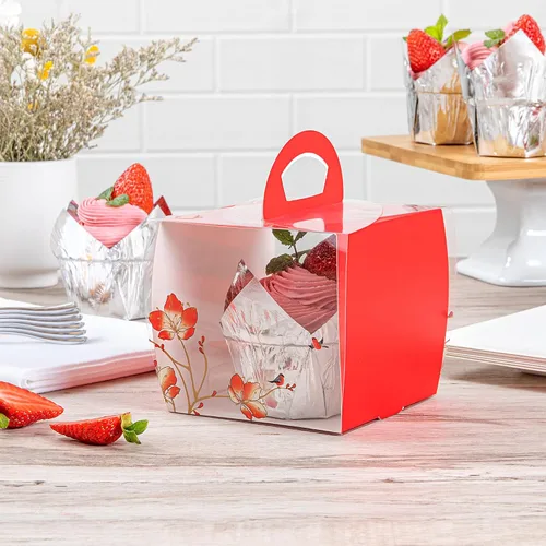 Vista 8 de Restaurantware - Cajas individuales para cupcakes de 4 x 4.25 pulgadas, 100 cajas de exhibición desechables para cupcakes - Con asa, acento de Rojo