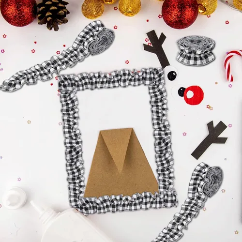 Vista 7 de Irenare Borde de arpillera con volantes, 2.5 x 94.5 pulgadas, cuadros blancos y negros