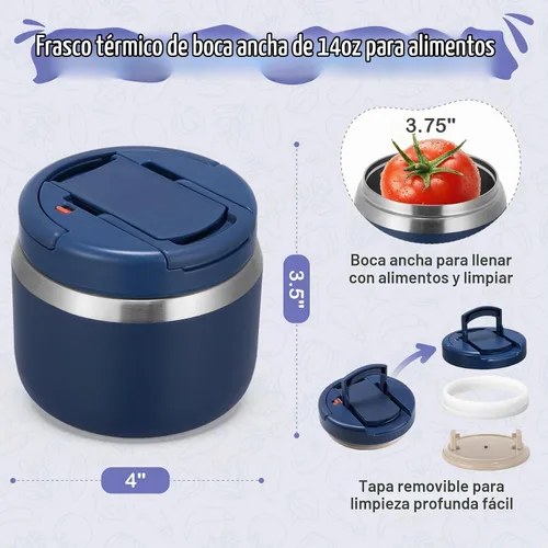 Vista 2 de MAXSO Tarro de comida aislado al vacío de 14 onzas con tapa de hebilla de cuchara, termo de sopa para niños para comida caliente, boca ancha Azul