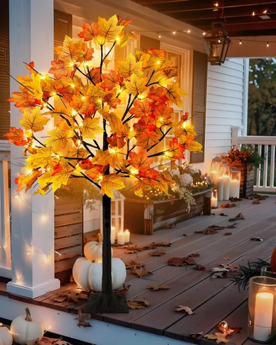 Vista 6 de Uieke Árbol de arce artificial de otoño con 48 luces LED de 4 pies con 12 luces de piño, 8 modos, decoración de otoño para el hogar, decoración