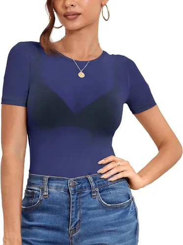 Vista 10 de Blusa de malla de manga corta, sexy, transparente, entallada Negro
