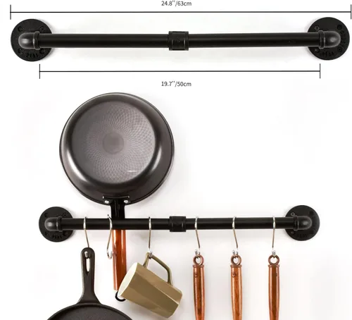 Vista 2 de Estante para ollas de tubería, soporte industrial para tapa de utensilios de cocina, organizador de cocina, barra colgante con ganchos en S