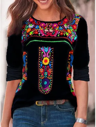 Vista 2 de Melliflo Camisas mexicanas de manga larga para mujer, blusa campesina bordada floral, estilo étnico, camisetas bohemias