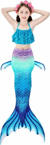 Vista 2 de Colas de sirena para nadar para niñas, 5 piezas, conjunto de traje de baño de bikini de 4 a 13 años
