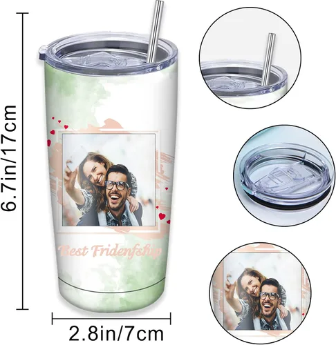 Vista 4 de Vasos con imagen personalizados con tapas y pajitas, taza personalizada con nombre de foto, vaso aislado de acero inoxidable de 20 onzas para niñas