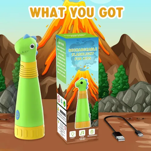 Vista 6 de Linterna recargable de dinosaurio con rugido para niños, linterna de campamento para niños, linterna de mano para niños, luces de Navidad