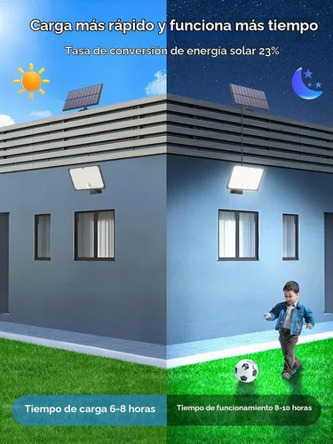 Vista 4 de 400 luces solares LED para exteriores, 3 modos y control remoto, sensor de movimiento, luz al aire libre, luces de inundación solares impermeables