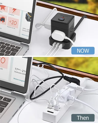 Vista 5 de Baykul - Tira de alimentación de cubo de 5 pies, cable de extensión de enchufe plano, negro, 3 USB, USB-A, Cubo, Viajar Amigable, Carcasa