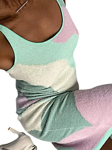 Vista 6 de FOMOYUU Vestido halter de punto para mujer, sin mangas, estampado geométrico, cuello en U, espalda descubierta, atar y ajustar, ajustado