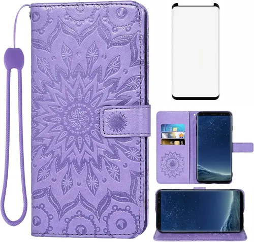 Vista 10 de Funda de teléfono para Samsung Galaxy S8 con protector de pantalla de vidrio templado, funda de cuero con tapa de girasol, soporte para tarjetas