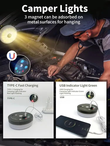 Vista 4 de Cadena de luces retráctiles mejoradas para acampar al aire libre, cadena de luces de campamento de 33 pies con broche, cadena de luz recargable, 9