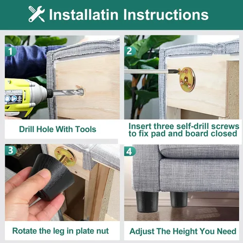 Vista 6 de 4 patas de sofá de plástico de 1-1/2 pulgadas con tuerca de placa, perno M8-1.25, ensanchar