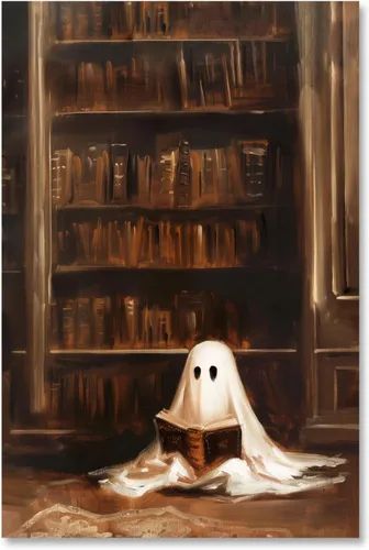 Vista 34 de Arte de pared vintage de Halloween embrujado de granja, parche de calabaza rústica con bonitos fantasmas, póster impreso en lienzo espeluznante