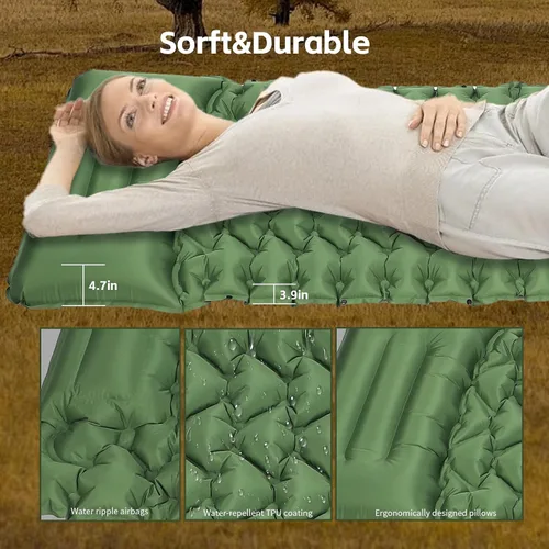 Vista 2 de Almohadilla de dormir para camping, almohadilla de dormir autoinflable con almohada incorporada bomba de pie, almohadillas inflables ultraligeras