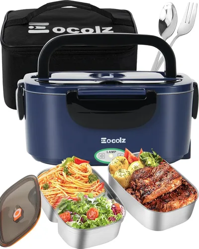 Vista 8 de Eocolz Fiambrera eléctrica calentador de alimentos de 80-100 W, calentador de alimentos con doble contenedor, 1.5L, lonchera portátil calentada