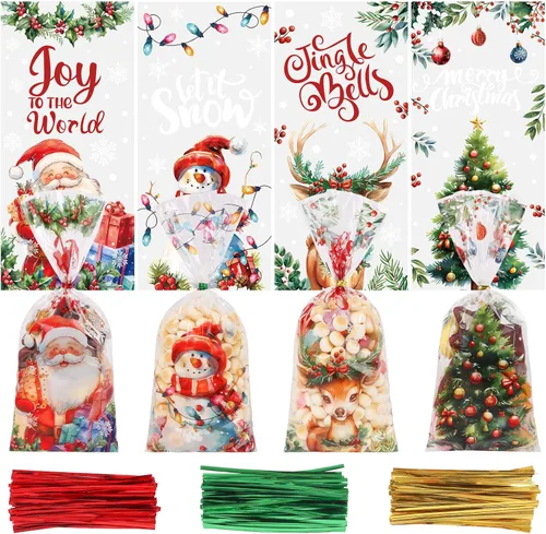 Vista 14 de CCINEE Bolsas de celofán de Navidad, bolsas de golosinas surtidas de Navidad con lazos torcidos, bolsas de galletas de caramelo para suministros